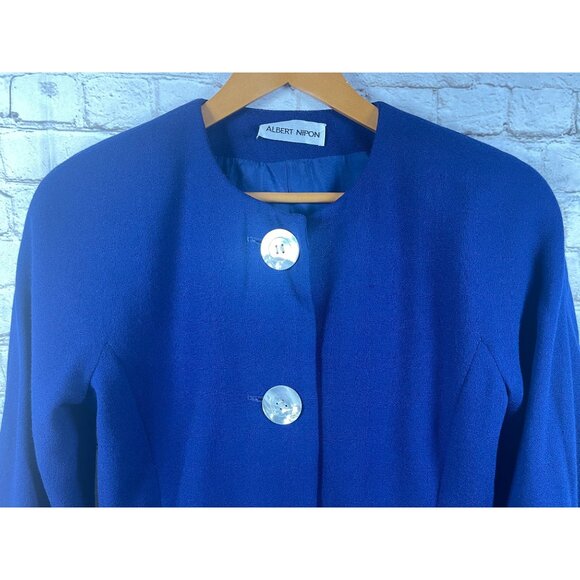 Vintage Albert Nipon Sz 4 Cropped Blazer Suit Jacket Royal Blue MOP Pearl Button - Picture 2 of 7